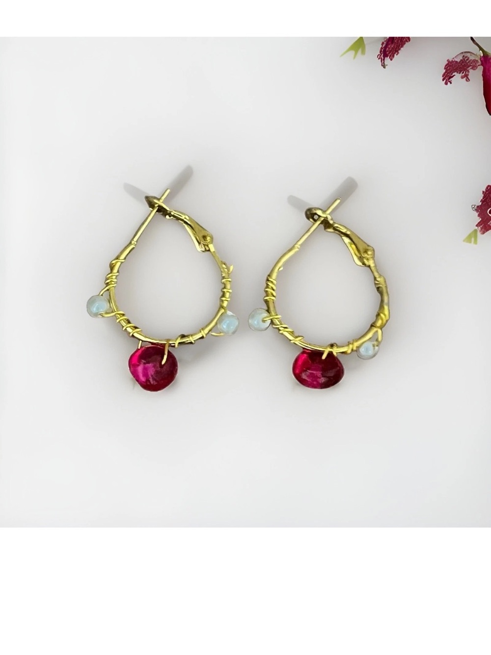 Wire Wrapped Hoop Earrings Real Pearl Handcrafted Pink Bead Jewelry. Bohemian.